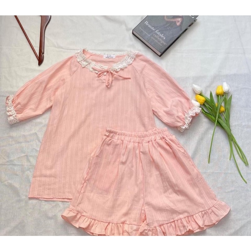 Bộ đồ mặc nhà - Bộ ngủ vải thô viền ren Ulzzang hai màu