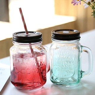 Combo 20 Cốc Thủy Tinh Có Quai 450ml (Nắp Lỗ), Cốc detox thủy tinh có nắp kèm ống hút siêu xinh