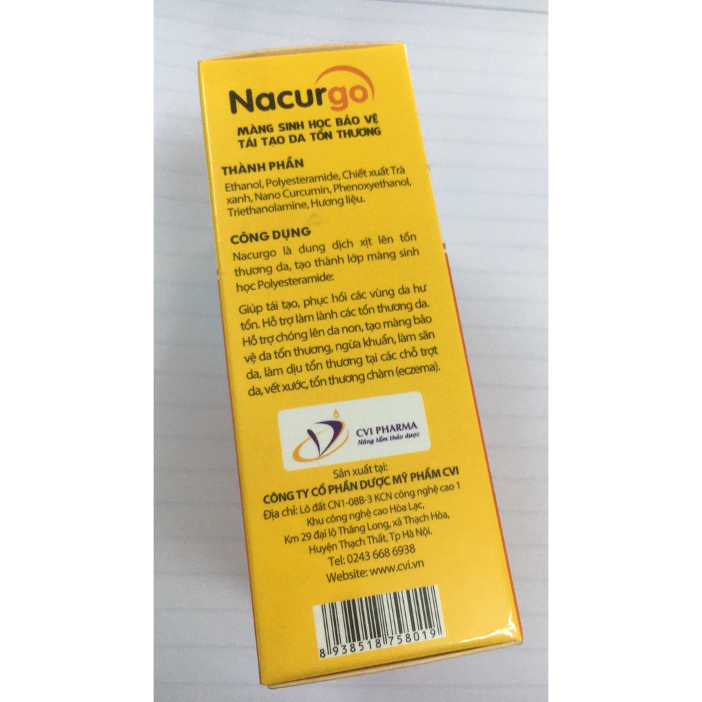 Nacugo nghệ, xịt bảo vệ vết thương và tái tạo da non, mau lành.