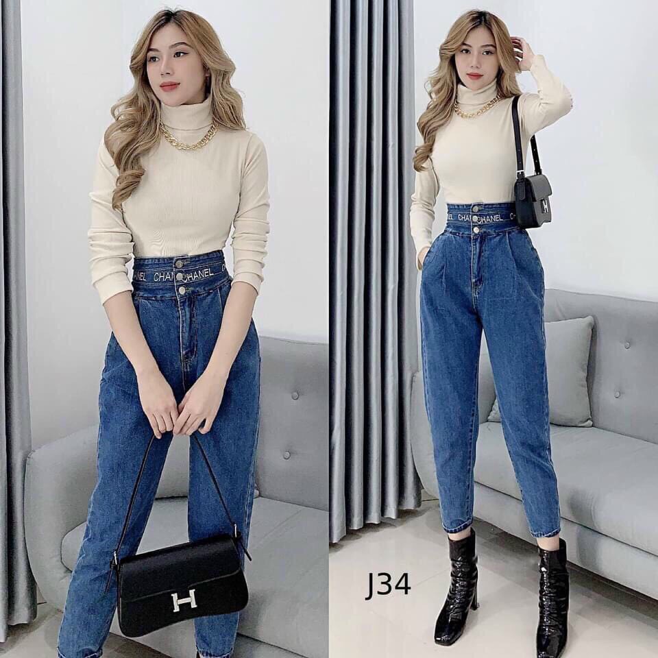 Quần baggy jean lưng cao chất vải jean dày dặn thêu chữ CH lưng