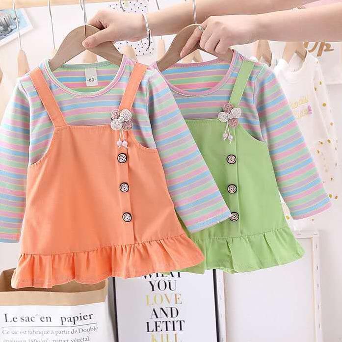 Kết thúc tháng hai⚡ Set áo liền quần & đầm tay dài kẻ sọc cho bé gái