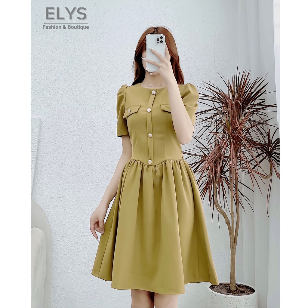 Váy Đầm Tiểu Thư Công Sở ELYS Chất Tuyết Mưa Cao Cấp Thiết Kế Tay Bồng Xếp Ly Dáng Xòe Phối Cúc LY018
