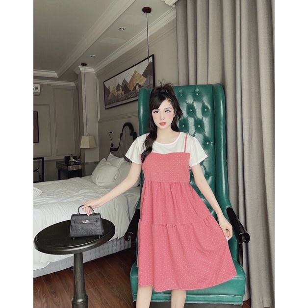 Váy đầm yếm bầu mùa hè chấm bi kẻ burbery chất siêu mát công sở đi chơi (Yếm liền)