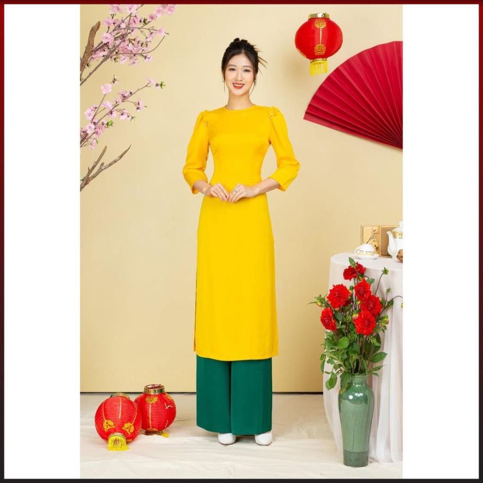 ÁO DÀI CÁCH TÂN TÂY THI CỔ TRÒN VAI ĐÍNH NGỌC KÈM QUẦN, ÁO DÀI TRUYỀN THỐNG, ÁO DÀI NỮ AD2TLTT-Đỏ Hồng Vàng