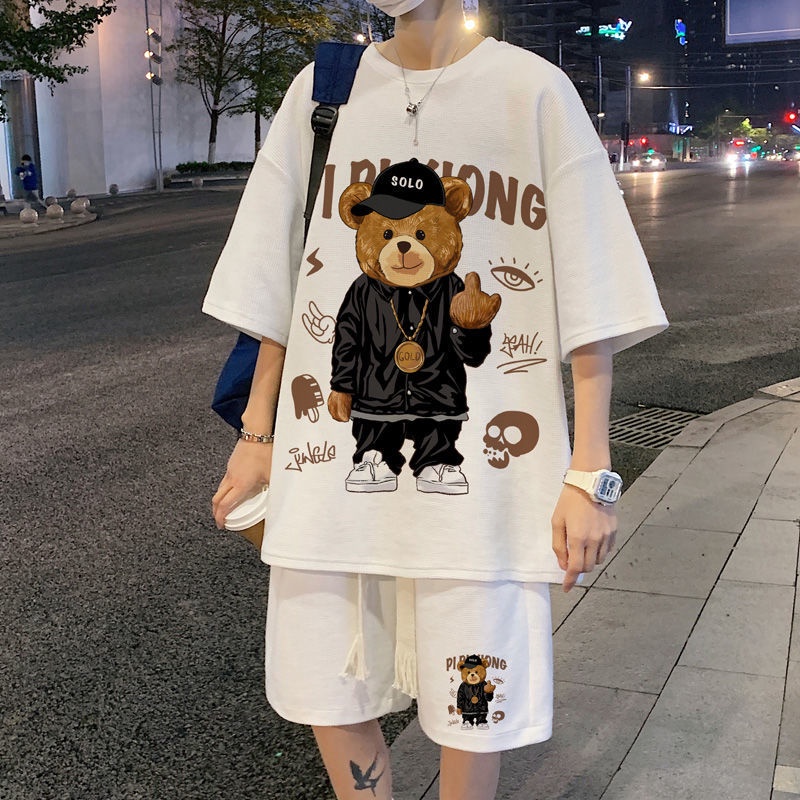 Bộ Đồ Thể Thao 2 Món Áo Tay Ngắn Phối Quần Short Cỡ Lớn In Hình Gấu Thời Trang Mùa Hè Cho Nam