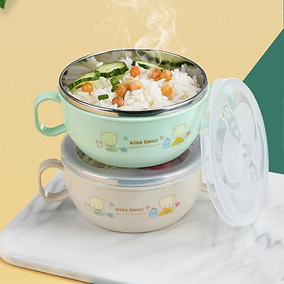 Bát ăn Dặm  Có Tay Cầm Nắp Đậy Kèm Thìa Muỗng, Chén ăn cháo, Bát Ăn Cơm Inox 2 lớp Cách Nhiệt Cho Bé