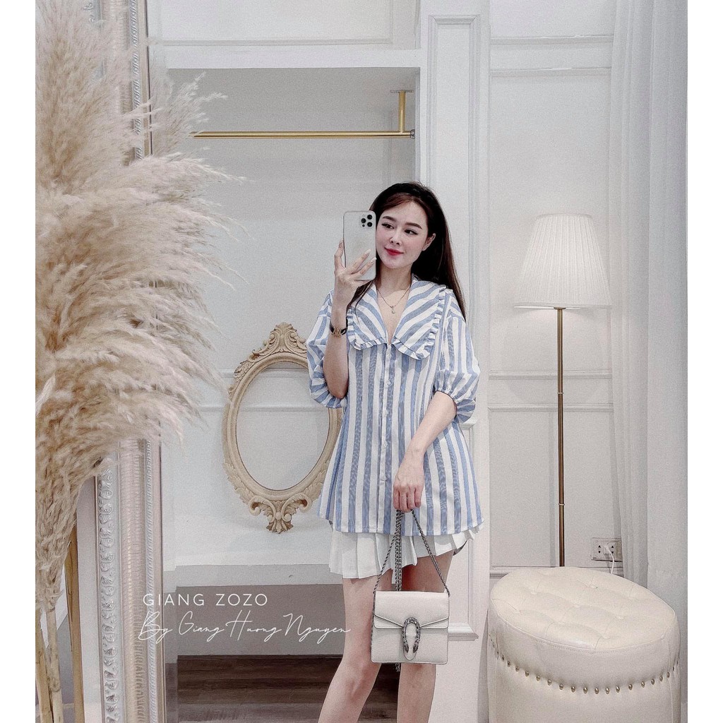 Áo Sơ Mi Thô Kẻ Xanh ZR Cổ Bèo Nữ Tính Cho Nữ Đi Học Đi Làm Cực Xinh