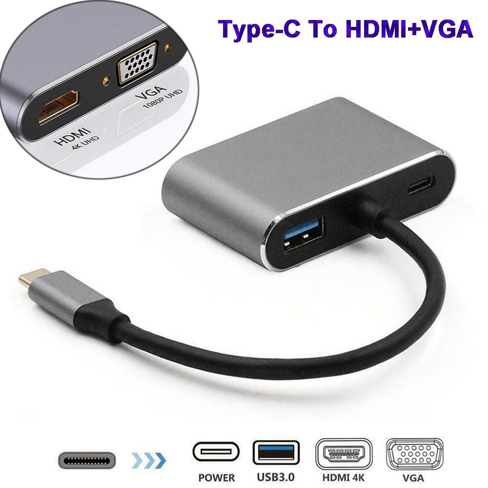 HARRIETT Fast Charging Type C to HDMI/VGA/USB/USB-C Type-C Hub Audio Converter 4 in 1 4K USB 3.0 HDMI+VGA+USB+pd Adapter/Multicolor