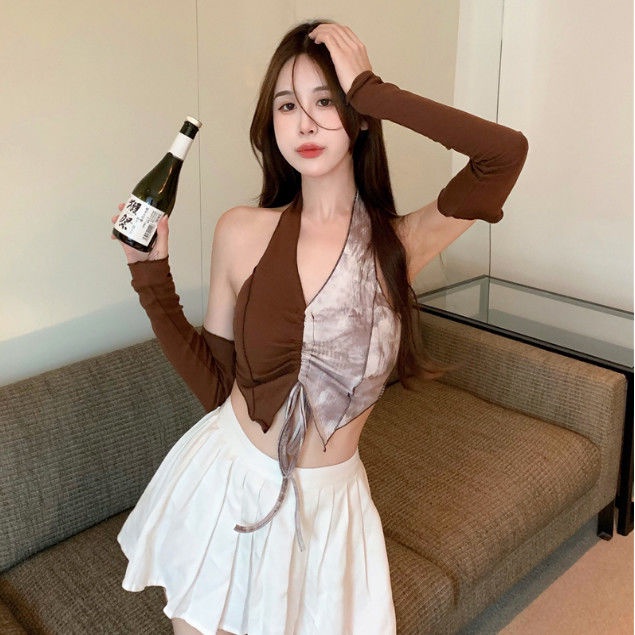 Áo croptop Tay Dài Phối Dây Rút Phong Cách Retro Dành Cho Nữ