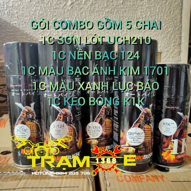 COMBO sơn Samurai màu xanh lục bảo Y017 có ánh kim gồm 5 chai đủ quy trình bền đẹp (Uch210-124-1701-y017-k1k)