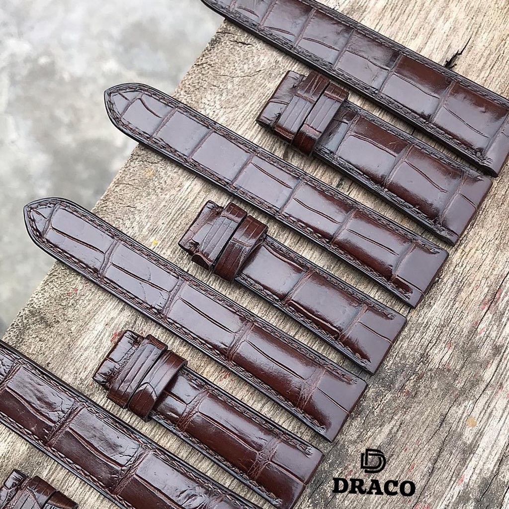 Dây da đồng hồ Draco DDDH01 màu nâu size 20 - 22  chất liệu da bò thật cao cấp dập vân cá sấu