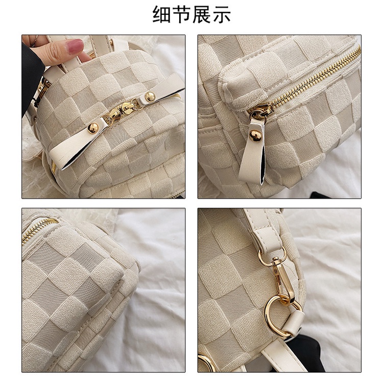 Ba lô JASMIN NOIR đi học / du lịch vải nhung kẻ sọc ca rô thiết kế đơn giản thời trang cho nữ
