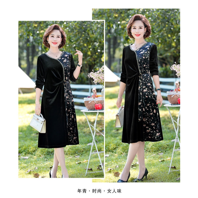 Đầm Nhung Dáng Dài Phong Cách Phương Tây Thời Trang Xuân Thu Mới Cho Phụ Nữ Trung Niên