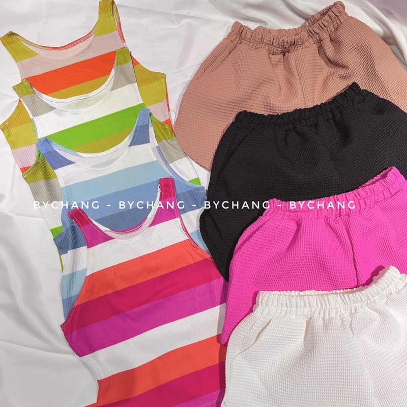 [HÌNH THẬT 100%] Set Đồ Nữ Dạo Phố Mùa Hè Áo Ba Lỗ Sọc Quần Short Lưng Thun byChang