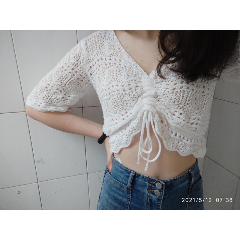 Áo len đan dây rút tay lỡ