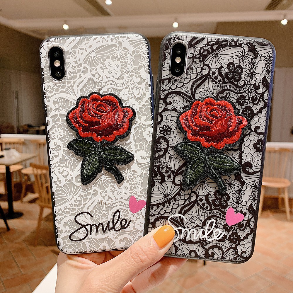 Vỏ điện thoại hoa văn ren trong suốt với hoa hồng Samsung Galaxy A9 Star Pro J8 A7 2018 A9S J6 Plus J4 J5 J7 Prime A8S Transparent Lace Pattern Rigid Phone Case Mobile Back Cover With Rose Flower