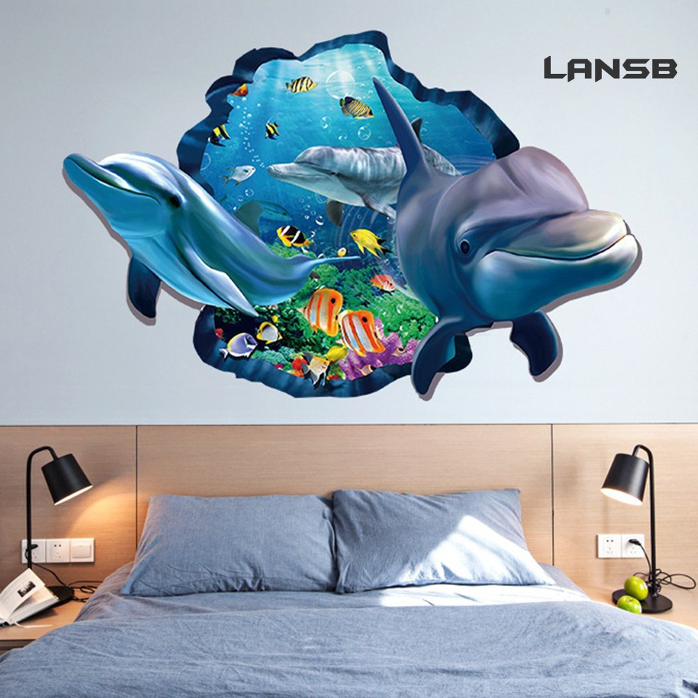 Sticker Dán Tường Họa Tiết Hình Con Cá Heo Và Thế Giới Dưới Nước Kích Thước 60x90cm Dùng Trang Trí Phòng Ngủ Cho Trẻ