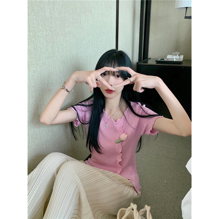 Áo sweater dệt kim Xiaozhainv tay ngắn in hoa phong cách Hàn Quốc có 3 màu lựa chọn thời trang cho nữ