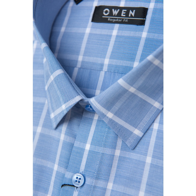 Áo Sơ Mi Nam Dài Tay OWEN AR220786DT Somi Công Sở Vải Sợi Tre Cao Cấp Kẻ caro xanh trắng Dáng Regular Fit Tà Lượn Có Túi