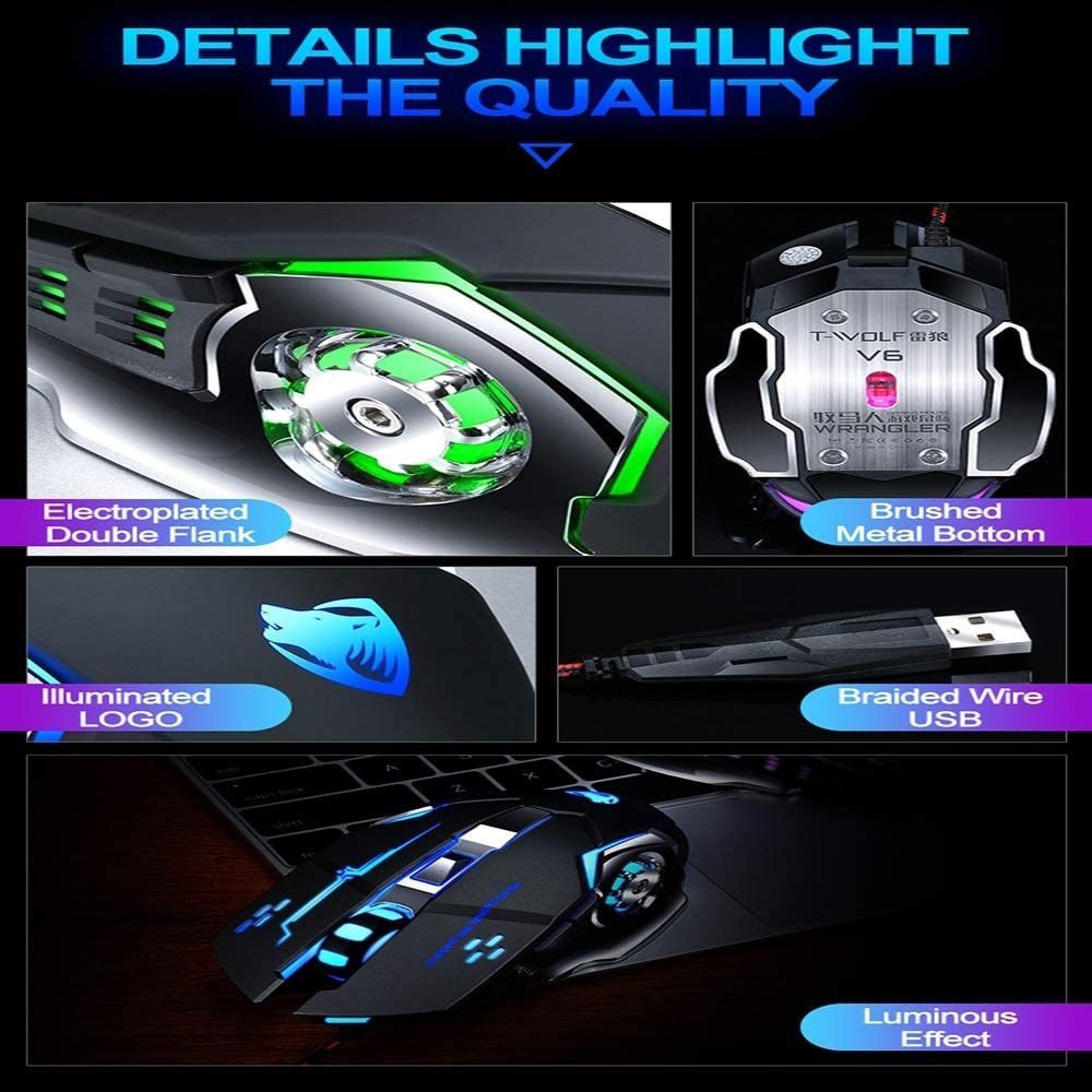 [1 ĐỔI 1 - BẢO HÀNH 12 THÁNG] Mouse T-Wolf V6 USB LED 7 Màu Gaming, Chuột Quang Có Dây USB Thunder Wolf V6