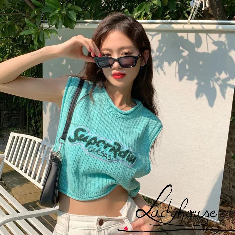 Áo Croptop Sát Nách Cổ Tròn In Chữ Thời Trang Mùa Hè Cho Nữ