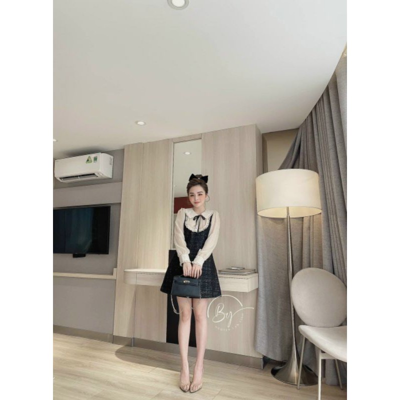 Đầm bố đen tay phối oganza