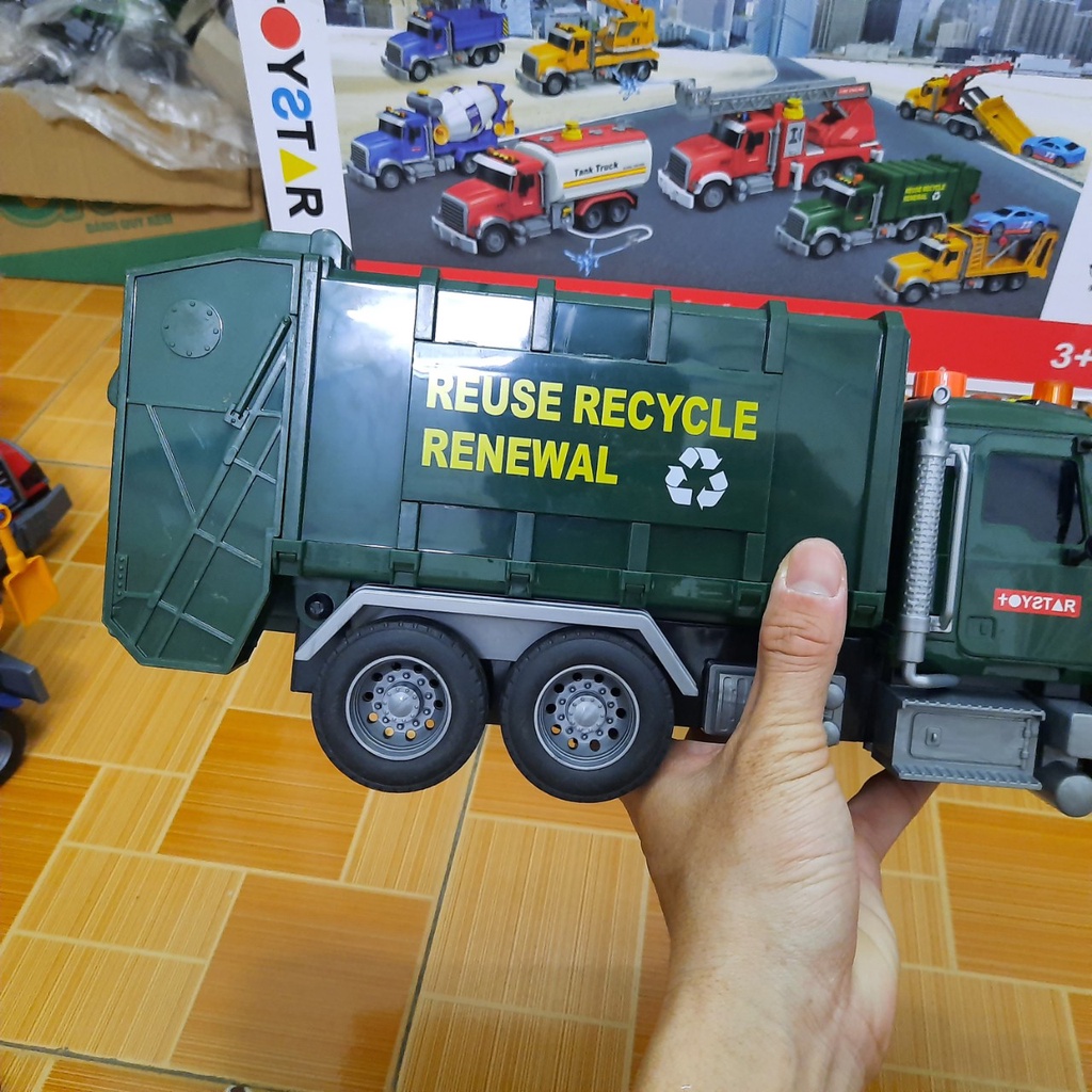 Xe ô tô chở rác đồ chơi trẻ em mô hình xe cỡ lớn có âm thanh và đèn kèm 3 thùng rác  hãng Toystar