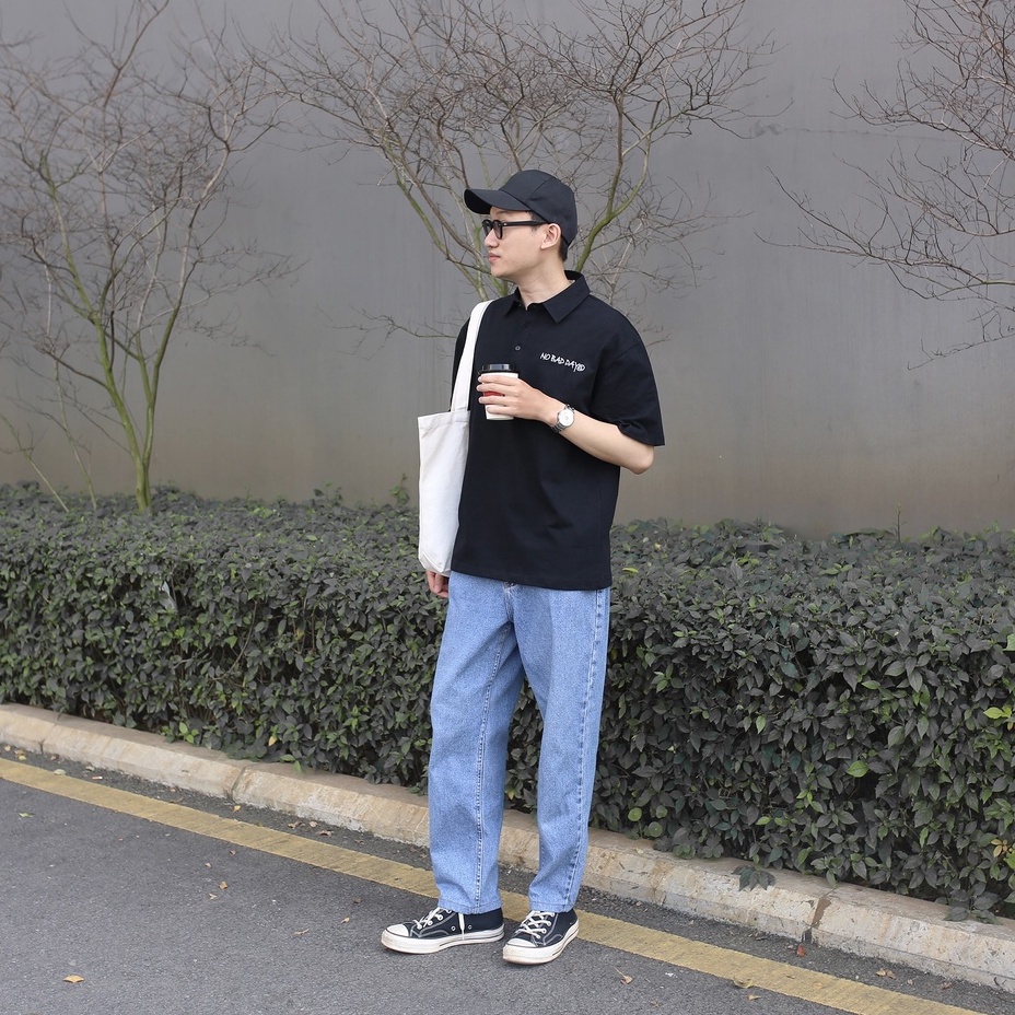 Áo Polo form rộng JOG04 thêu &quot; No bad days &quot; , phong cách unisex
