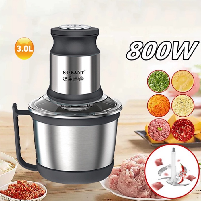 [Mã ELHA22 giảm 5% đơn 300K] Máy Xay Thịt Cá, Xay Thực Phẩm Cối Inox 3L 800W Chính hãng SOKANY