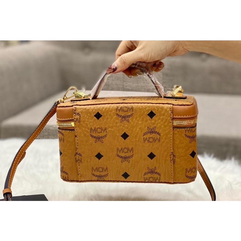 TNS-Túi xách dáng cốp hộp hottrend M•see•M lunchbox bag-chất da cao cấp siêu bền màu nâu chữ đặc trưng