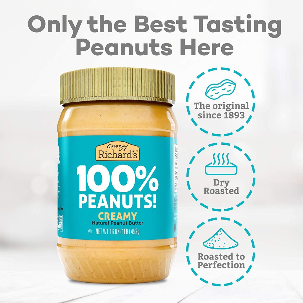 BƠ ĐẬU PHỘNG ĂN KIÊNG Crazy Richard's Creamy Peanut Butter 100% Natural-NonGMO-Vegan-Kosher, Made in USA, 453g (16oz)