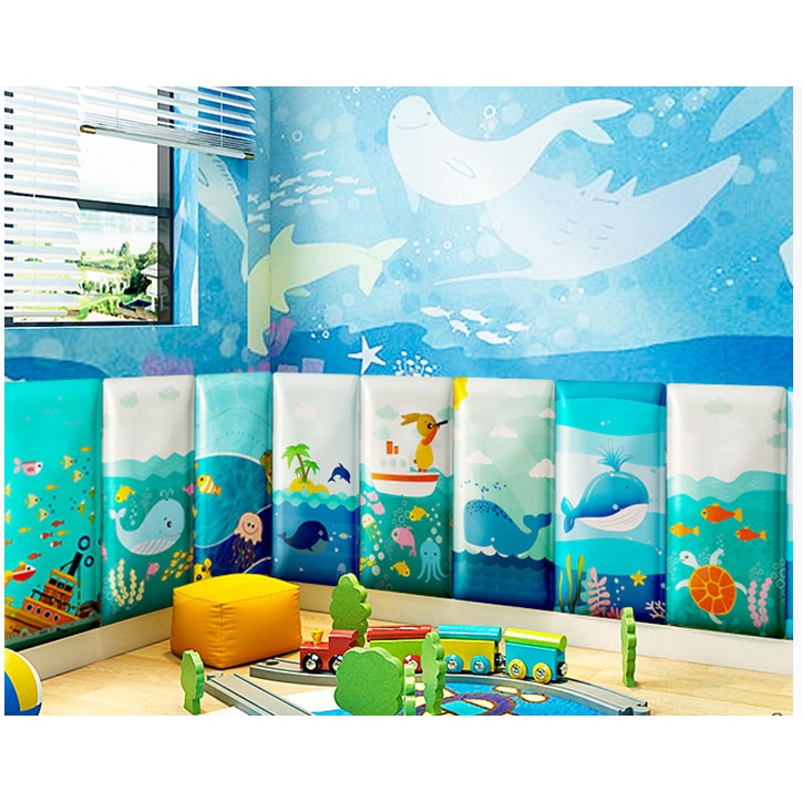 Miếng dán tường KUAYU nệm da cao cấp hình cá mập dán đầu giường chống va đập an toàn cho bé