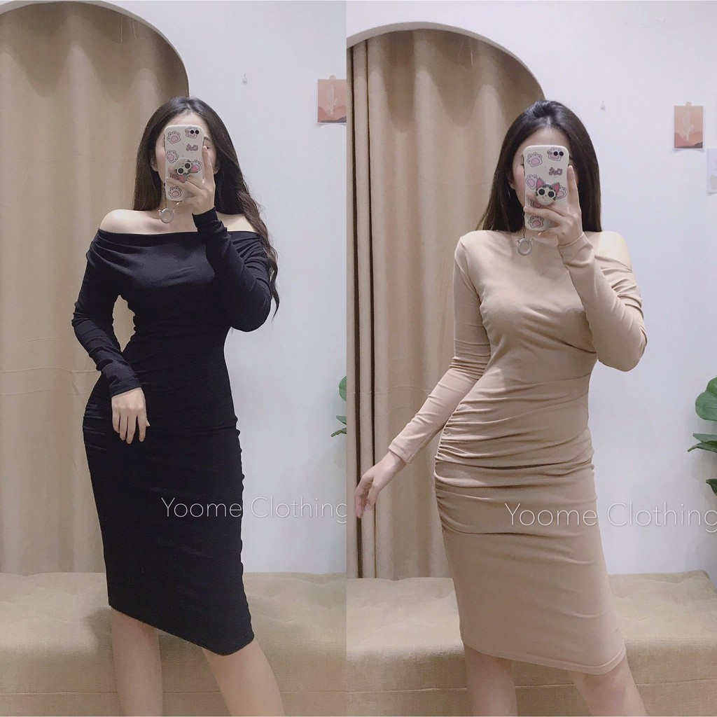 Váy body 2 in 1 trễ vai và lệch vai dáng dài chất thun dày mịn co giãn 4 chiều [ ảnh thật tại shop ]