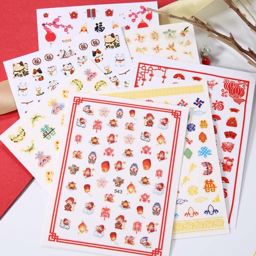 Miếng Dán Trang Trí Móng Tay Họa Tiết Mèo May Mắn Mừng Năm Mới 2022