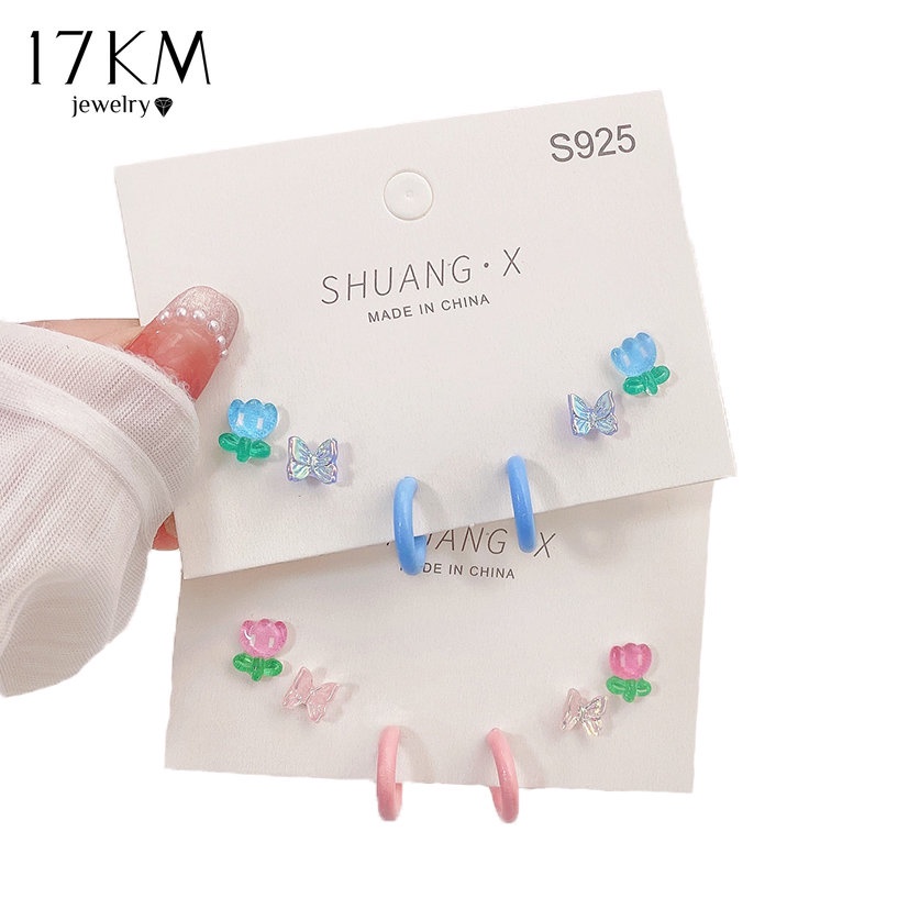 Set khuyên tai 17KM mạ bạc S925 thiết kế nơ bướm hoa hình học nhiều mẫu và màu sắc tùy chọn thời trang cho nữ