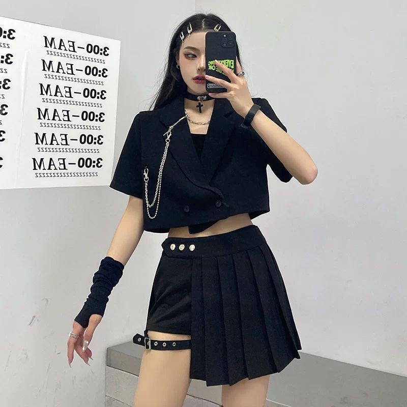 [Order] (G7) Set khoác váy choker Dark Gothic. Chân váy kèm quần choker + Áo khoác ngắn kèm chains màu đen loại đẹp