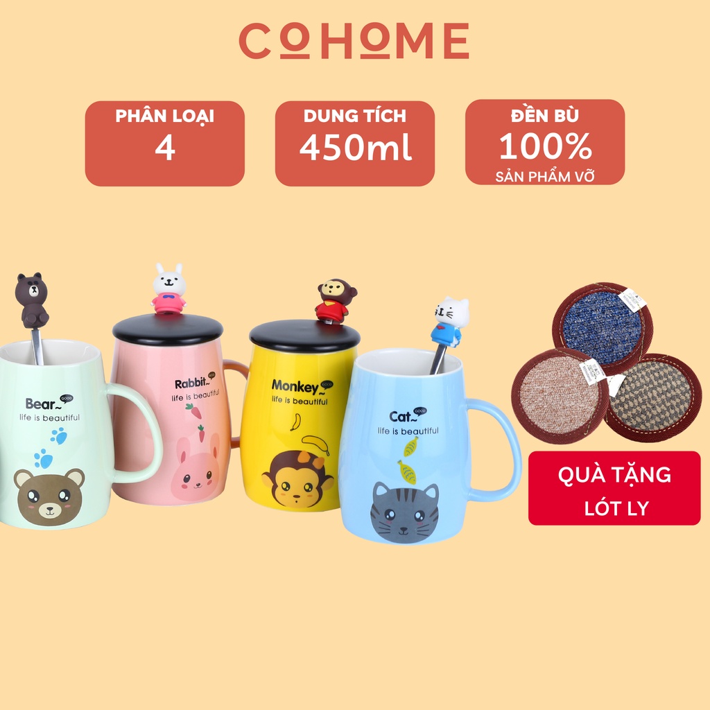 Ly cốc sứ uống nước dễ thương hình động vật 450ml cao cấp, kèm nắp và thìa pha cafe