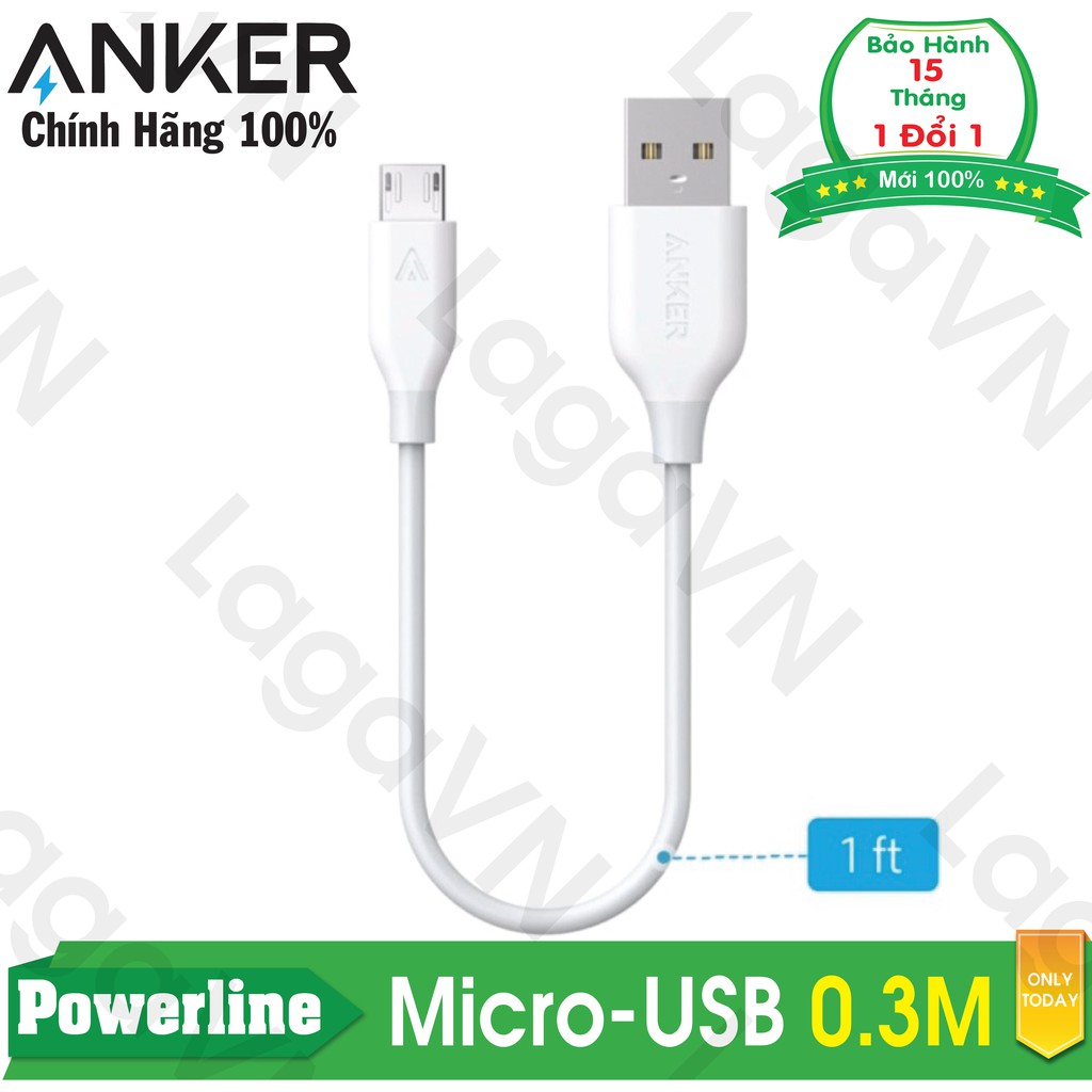 [Freeship toàn quốc từ 50k] Cáp sạc siêu bền ANKER Powerline Micro-USB 0.3m cho Android (Trắng)