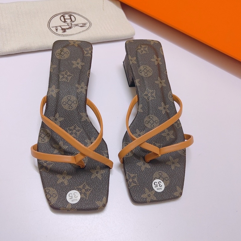 Dép guốc cao gót 4p Eo vì nâu kẹp ngón phối quai chéo 4 màu