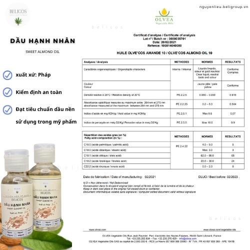 Dầu Hạnh Nhân nguyên chất (Pháp) - Dầu nền làm son môi, mỹ phẩm dưỡng ẩm thiên nhiên