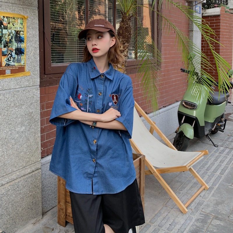  Áo sơ mi denim tay ngắn dáng rộng thêu họa tiết phong cách harajuku retro cho nữ | BigBuy360 - bigbuy360.vn