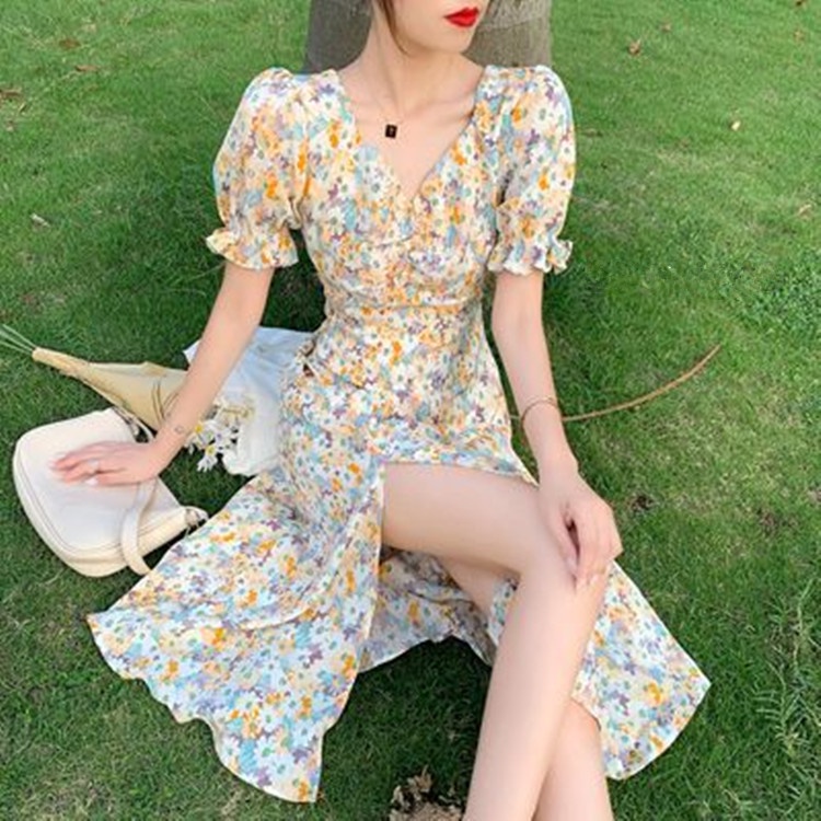 Đầm Chữ a Cổ Chữ v Tay Phồng Xẻ Tà In Họa Tiết Hoa Phong Cách Pháp Thời Trang Mùa Hè Hàng Mới 2022 Dành Cho Bạn Nữ