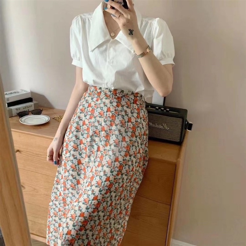 Chân váy hoa nhí mindi dài qua gối dáng váy A chun lưng khoá kéo cạnh sườn Ulzzang style🌸 Hàng Quảng Châu