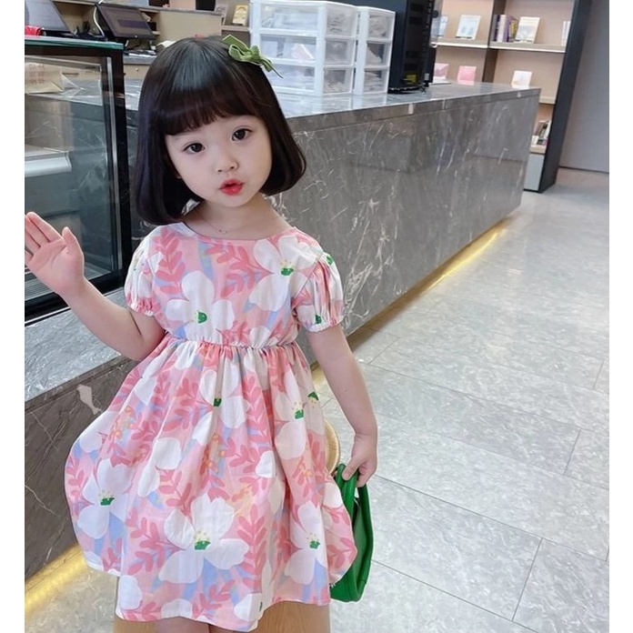 Váy cho bé gái hoa nhí tay bồng bo chun ngực nơ lưng buộc