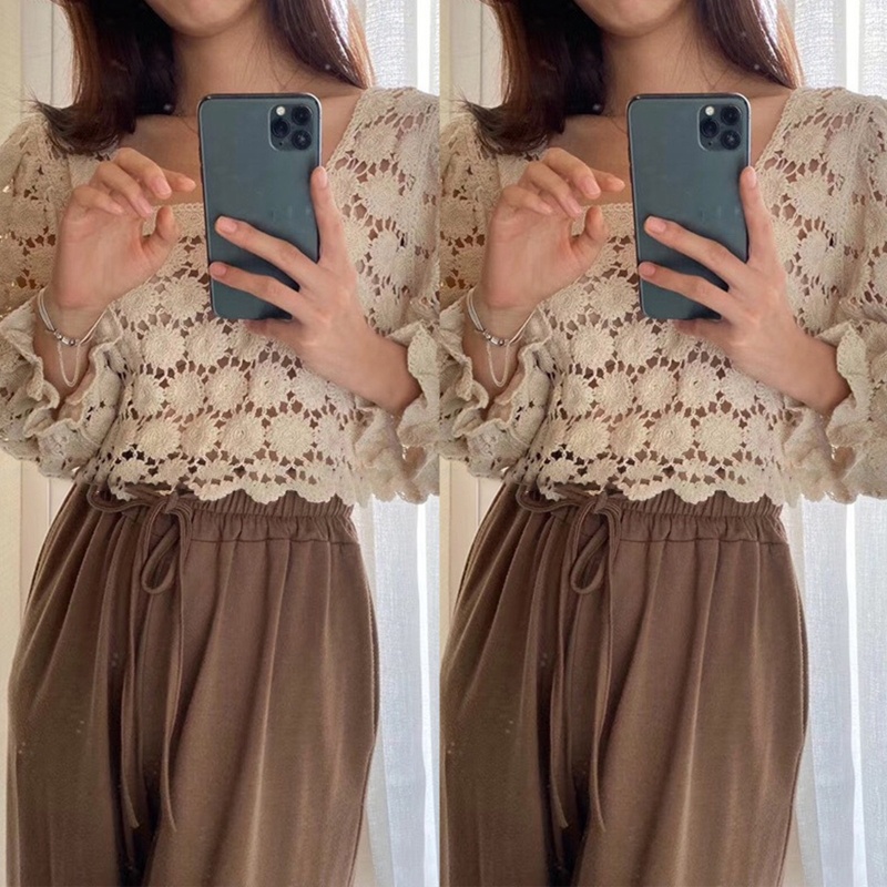 Brroa Áo Kiểu Dệt Kim Tay Phồng 3 / 4 Cổ Vuông Phối Ren Xuyên Thấu Thời Trang Cho Nữ Cr