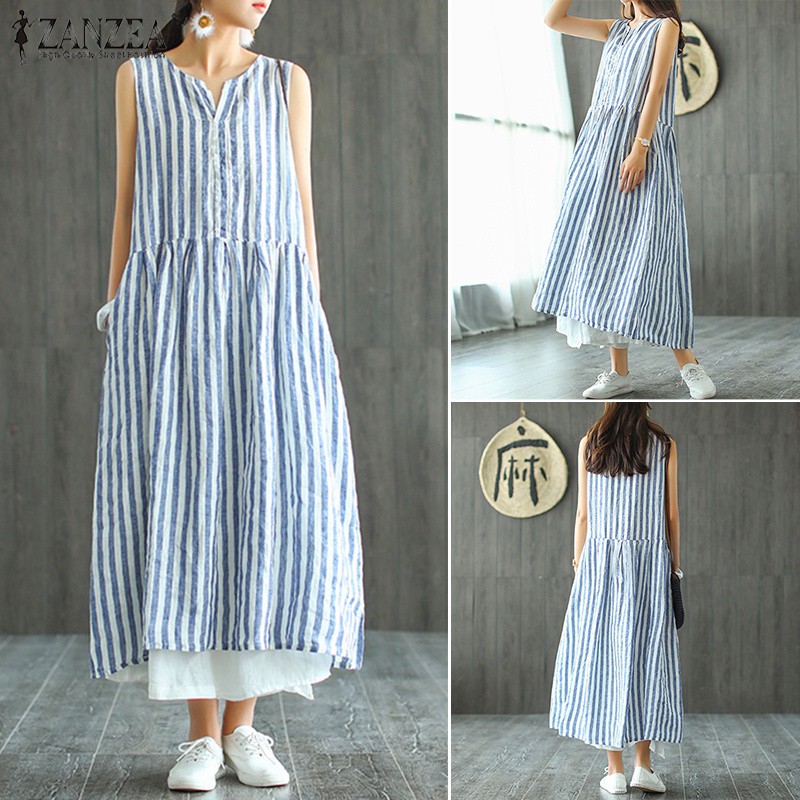 Đầm sát nách form rộng họa tiết kẻ sọc thời trang dành cho nữ