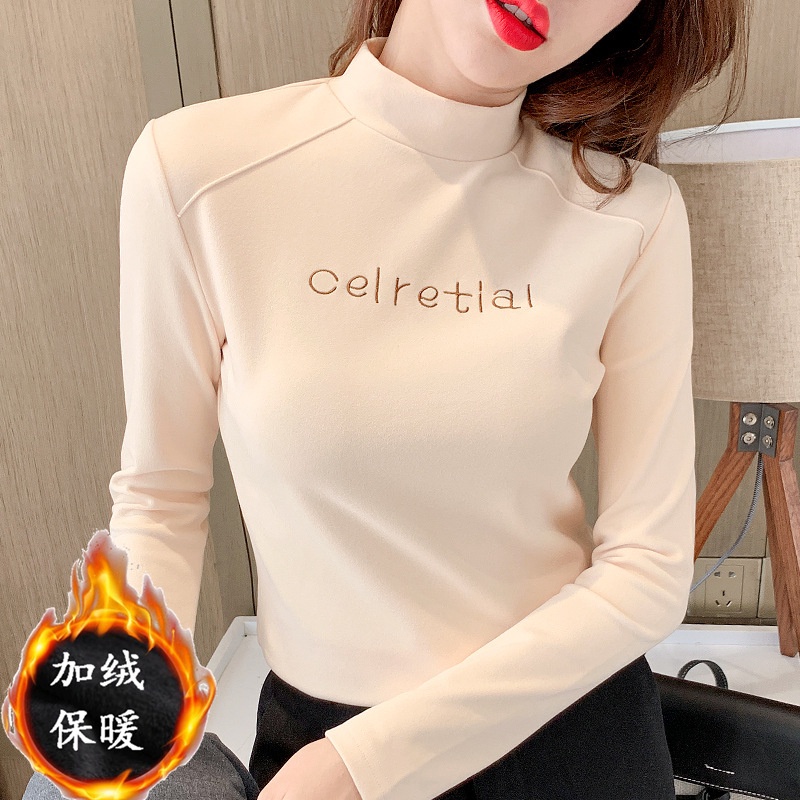 Áo Thun Nỉ Cổ Cao Thêu Chữ Thời Trang Thu Đông 2021 Cho Nữ