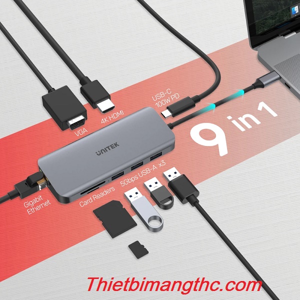 Cáp TYPE-C đa năng ra 3 USB 3.0 + HDMI + VGA + LAN + TF/SD/PD D1026B cao cấp