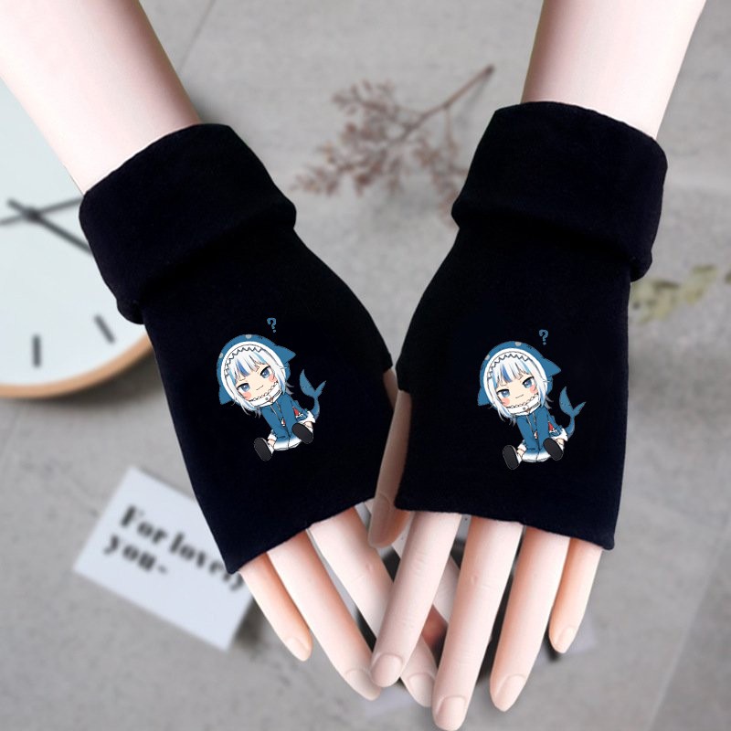 Găng tay len đen in hình GAWR GURA Hololive Vtuber thời trang ấm áp anime chibi xinh xắn