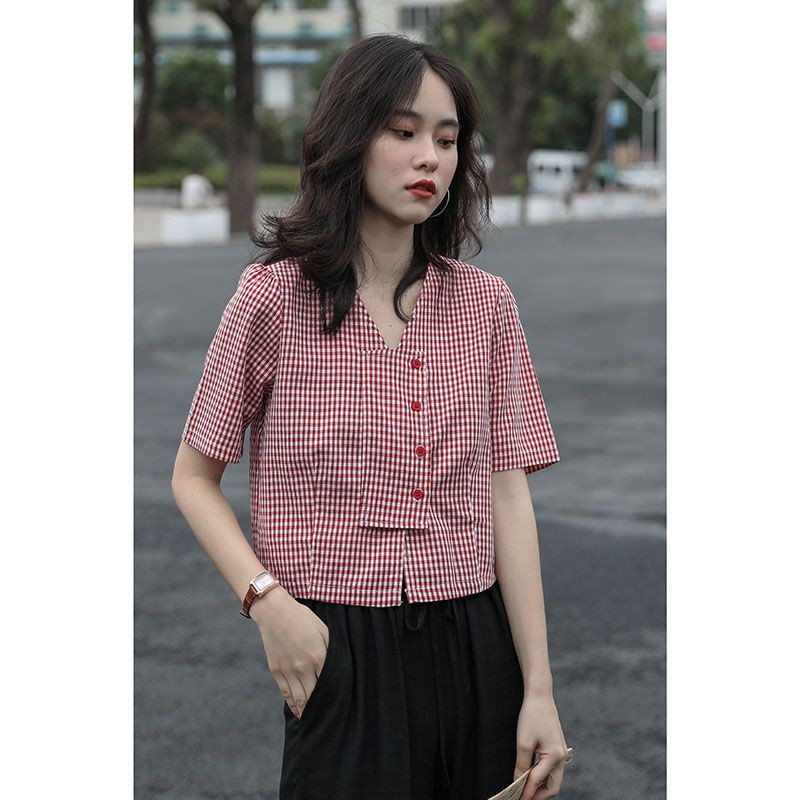 [Order] Áo sơ mi kẻ caro mùa hè xinh xắn tà lệch form ngắn có size